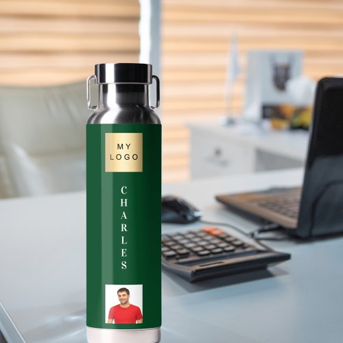 Business logo name photo emerald green water bottle