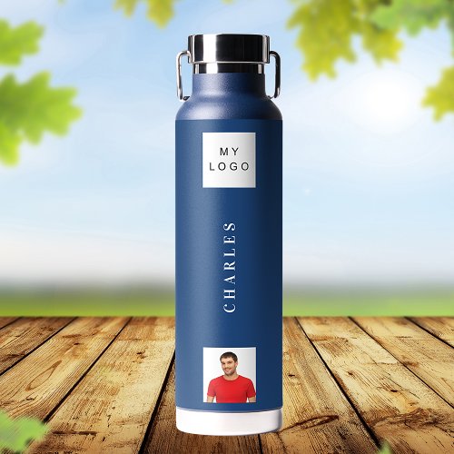 Business logo name photo navy blue water bottle