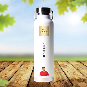 Business logo name photo water bottle