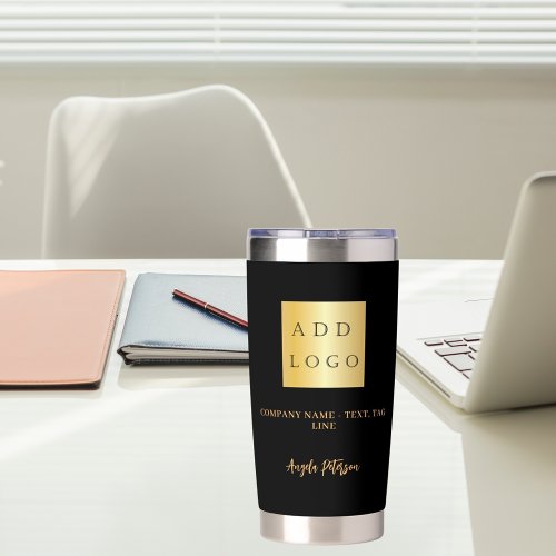 Business logo name signature black gold insulated tumbler