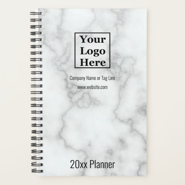 Business Logo Name Website Faux White Marble Planner (Front)