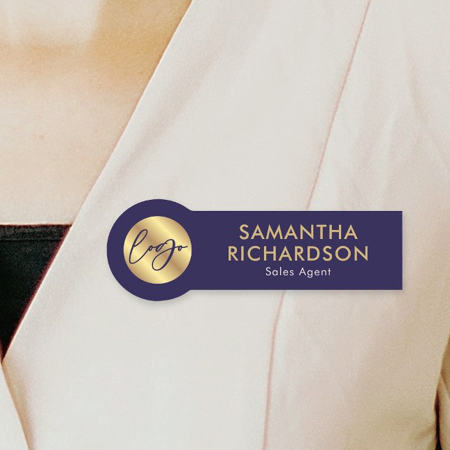 Business Logo Navy Blue & Gold Employee Corporate Name Tag (Modern navy blue business employee name tags with custom text and your gold logo)