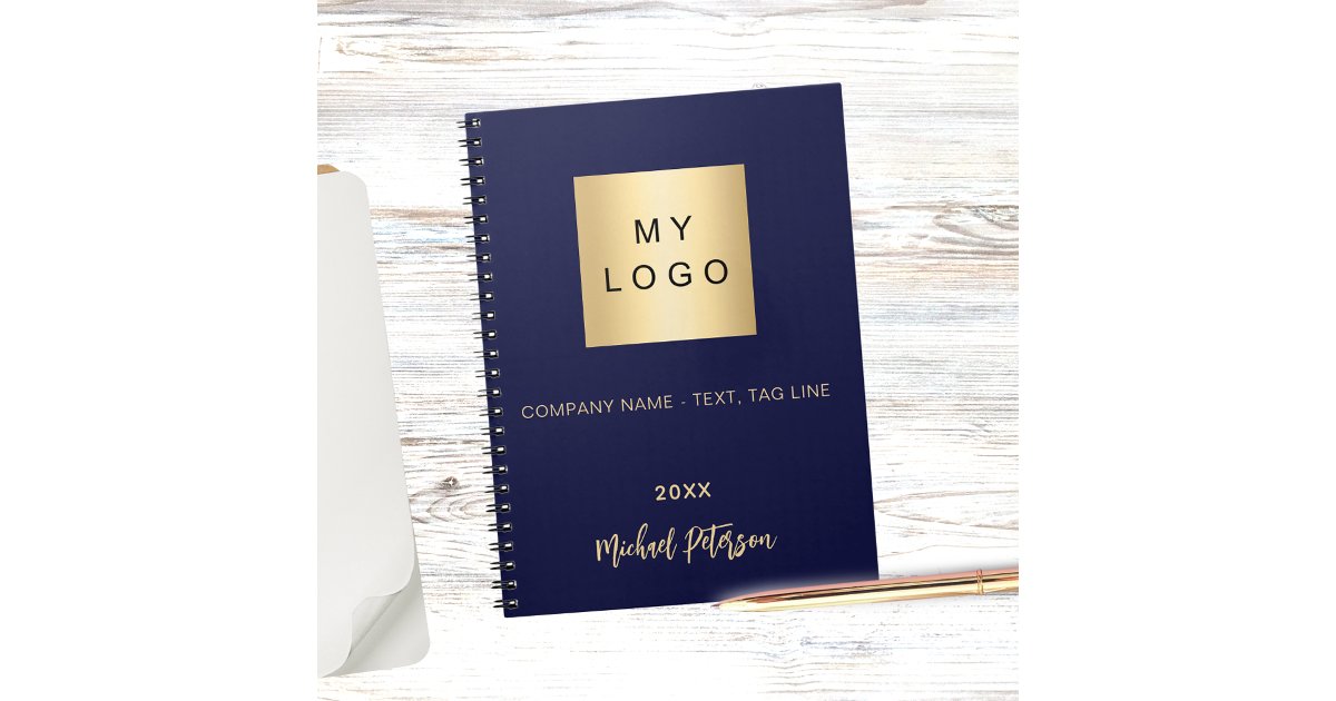 Business logo navy blue gold name notebook | Zazzle