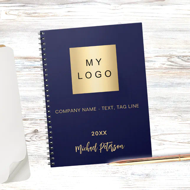 Business logo navy blue gold name notebook | Zazzle
