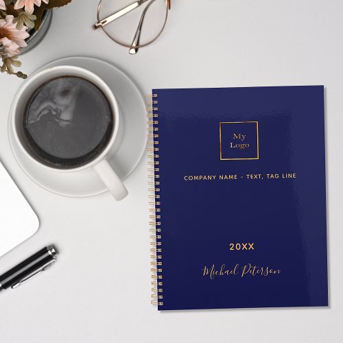 Business logo navy blue gold name script notebook