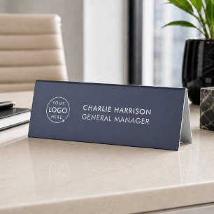 Business Logo   Navy Blue Modern Manager Office Table Tent