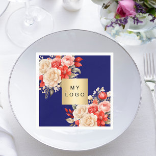 Business logo navy blue red ivory florals napkins