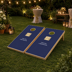 Business logo navy blue vacation cabin rentals cornhole set