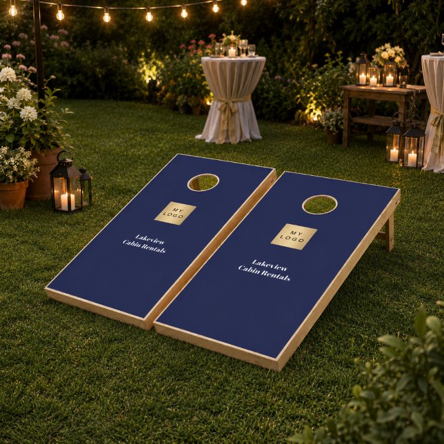 Business logo navy blue vacation cabin rentals cornhole set (Creator Uploaded)