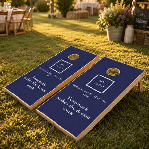 Business logo navy blue white motivational quote cornhole set