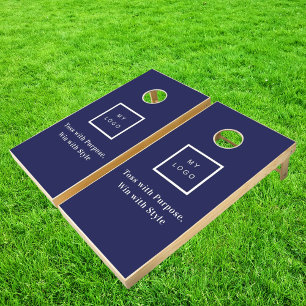 Business logo navy blue white text quote cornhole set