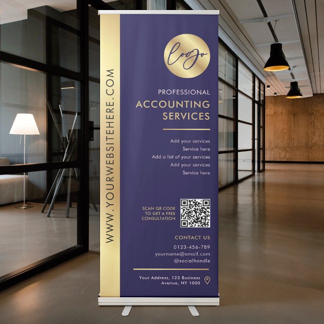 Business Logo Navy & Gold Modern QR Code Marketing Retractable Banner (Navy and Gold Business Logo Marketing banner with QR code and contact details)