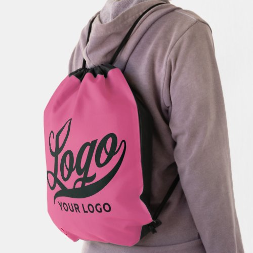 Business logo on Hot pink Company brand Custom Drawstring Bag