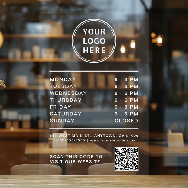 Business Logo Open Hours Create Your QR Code Window Cling | Zazzle