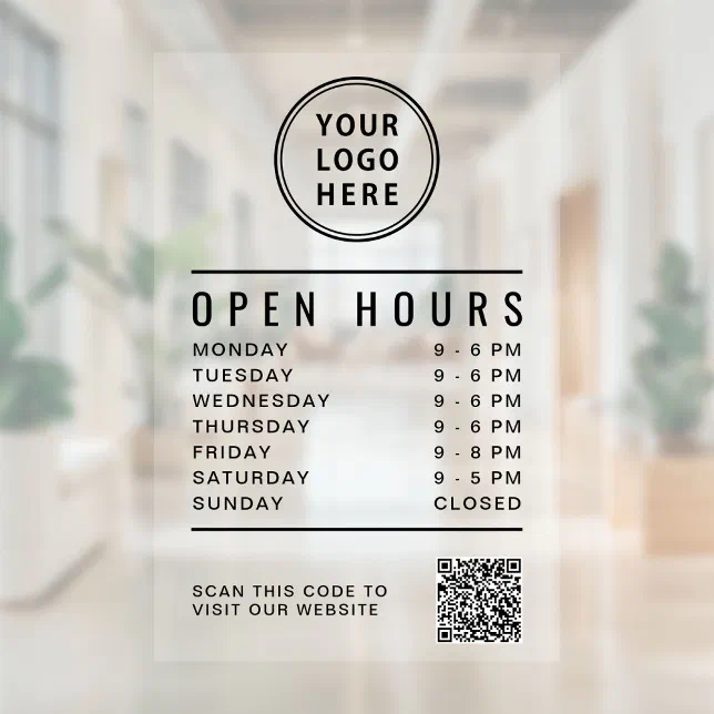 Business Logo Open Hours Create Your QR Code Window Cling | Zazzle