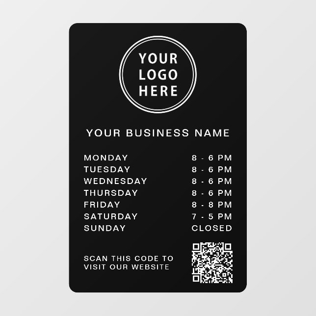 Business Logo Open Hours QR Code Black Window Cling (Sheet)