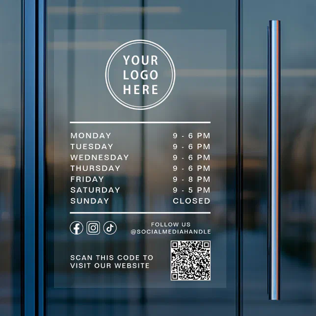 Business Logo Open Hours Social Media QR Code Window Cling | Zazzle