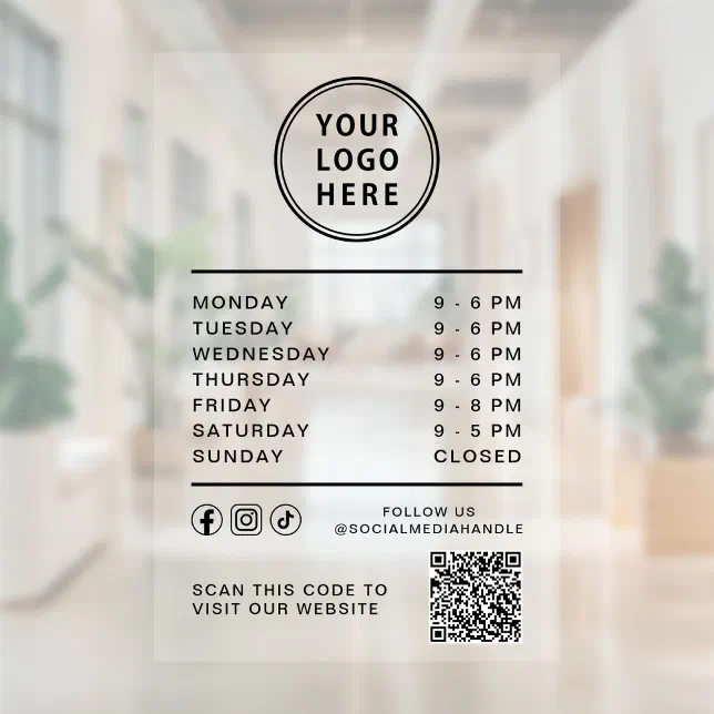 Business Logo Open Hours Social Media QR Code Window Cling | Zazzle