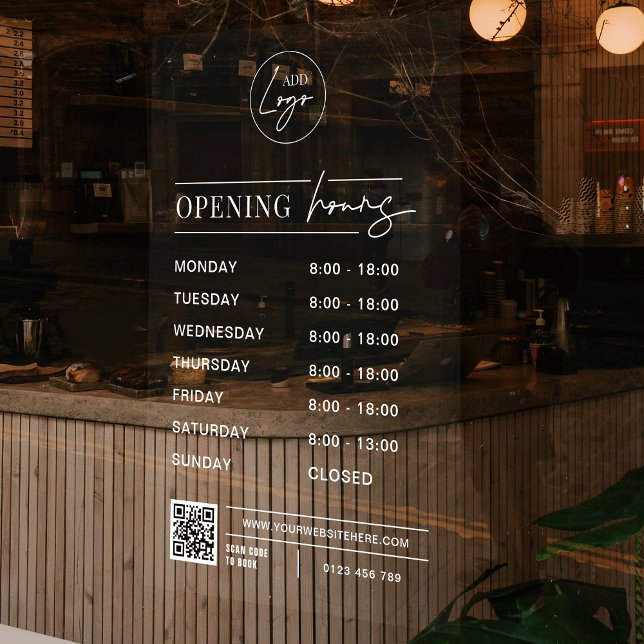 Business Logo Opening Hours QR Code Transparent Window Cling (Transparent with white text opening hours window cling for business, featuring your logo & QR code)