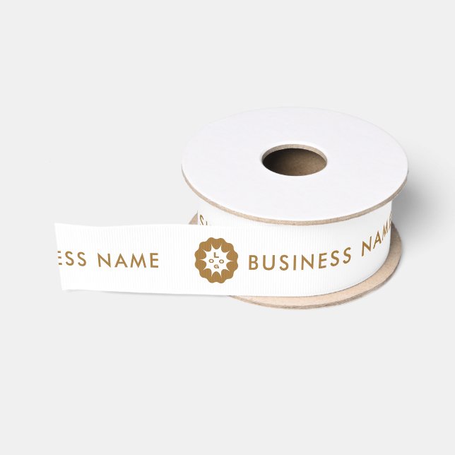 Business Logo or Icon + Gold Name Company White Grosgrain Ribbon (Spool)