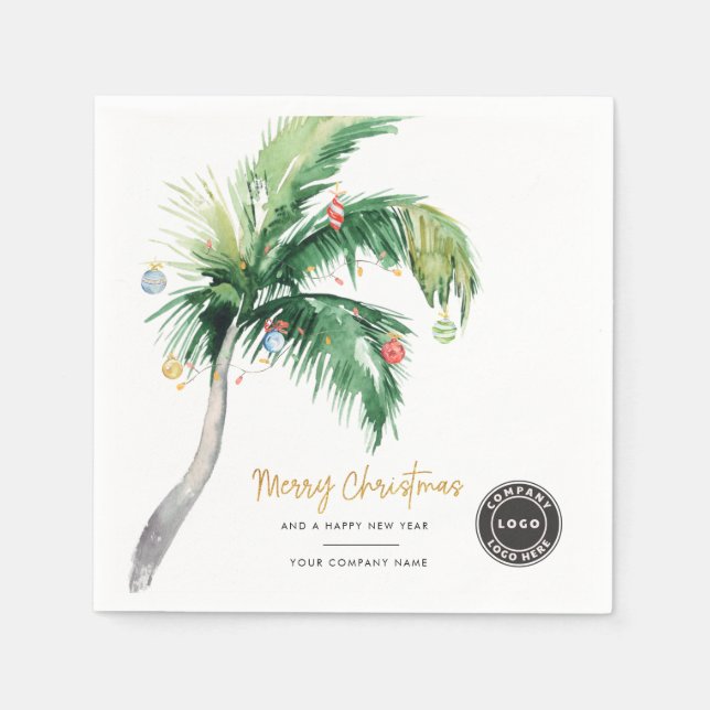 Business Logo Palm Tree Merry Christmas Paper Napkins (Front)