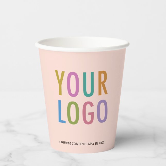 Business Logo Paper Cups Peach Custom Branded 8 oz (Front)