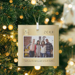 Business logo photo gold thank you Christmas Glass Ornament<br><div class="desc">Personalize and add your own photo of your business team,  coworkers,  employees. With the text: Thank you for being part of our team.  A faux gold looking background. Personalize and add your own photo. Template for a year and your logo.
Perfect as a favor or reward for your employees.</div>