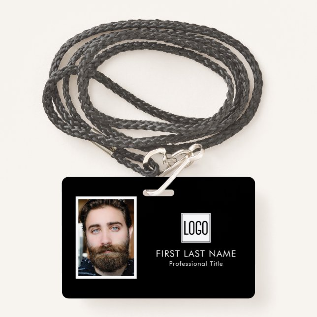 Business Logo | Photo Name Barcode Employee Badge (Front with Lanyard)