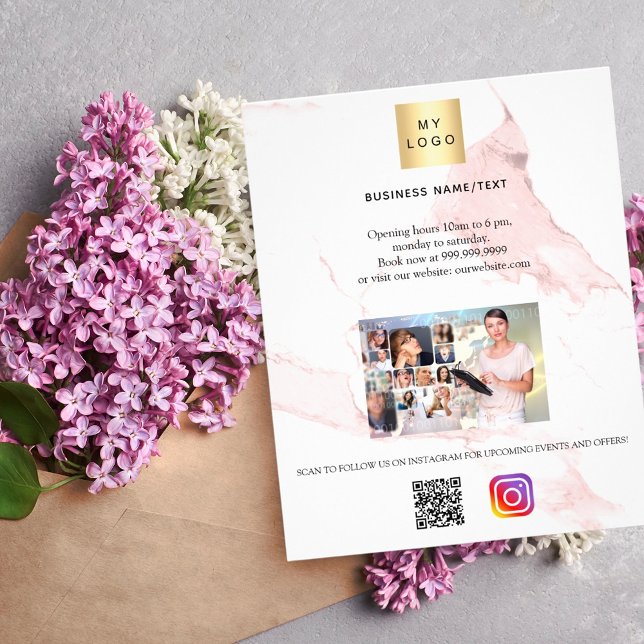 Business logo photo qr code instagram pink marble flyer (Creator Uploaded)