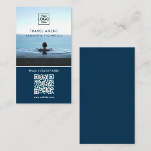 Business Logo Photo QR Code Modern Blue Card