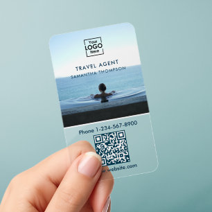 Business Logo Photo QR Code Modern Blue Clear Business Cards