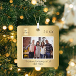 Business logo photo thank you gold Christmas Metal Ornament<br><div class="desc">Personalize and add your own photo of your business team,  coworkers,  employees. With the text: Thank you for being part of our team. A faux gold looking background. Personalize and add your own photo. Template for a year and your logo.
Perfect as a favor or reward for your employees.</div>