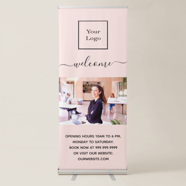 Business logo photo welcome blush rose gold retractable banner (Front)