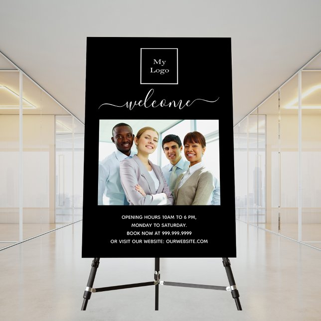 Business logo photo welcome opening hours black foam board (Creator Uploaded)