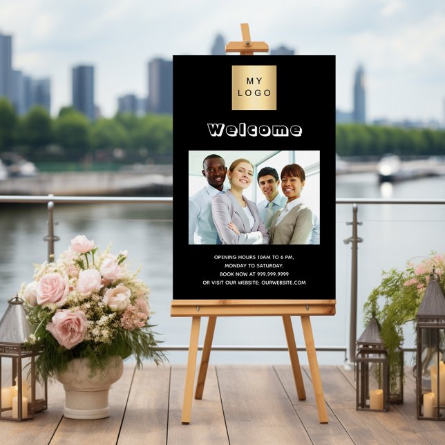 Business logo photo welcome opening hours black foam board (Creator Uploaded)