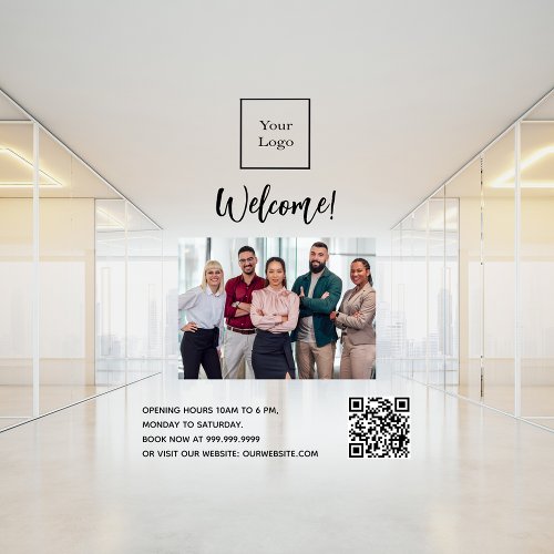 Business logo photo welcome opening hours QR_code Window Cling