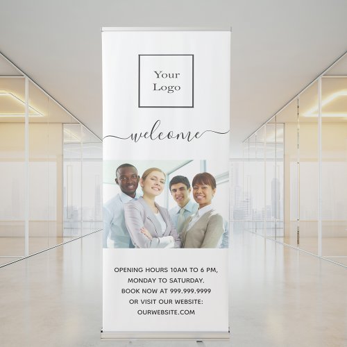 Business logo photo welcome opening hours retractable banner