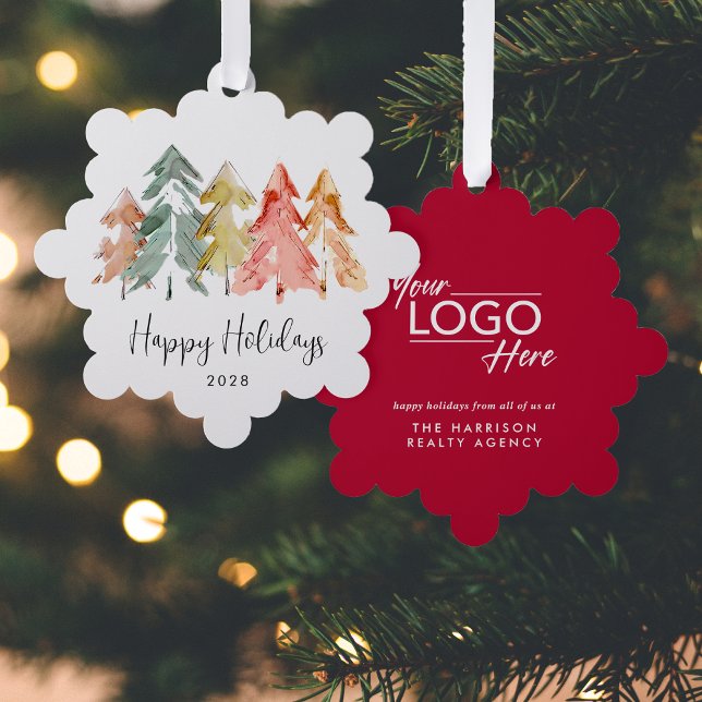 Business Logo Pine Trees Happy Holidays Christmas Ornament Card (Creator Uploaded)