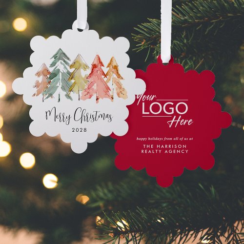 Business Logo Pine Trees Merry Christmas Ornament Card