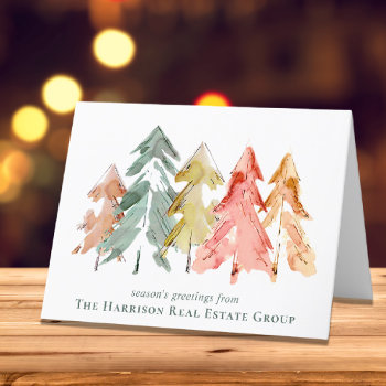 Business Logo Pine Trees Watercolor Holiday Card by JulieHortonDesigns at Zazzle