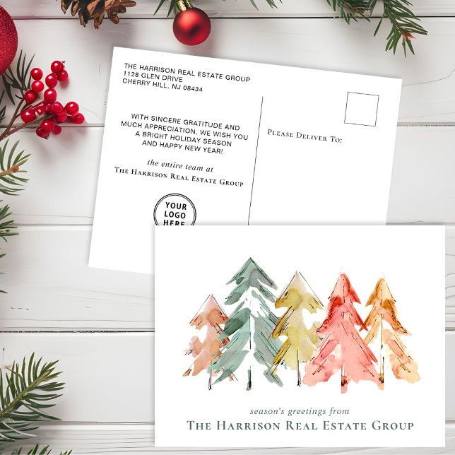 Business Logo Pine Trees Watercolor Holiday Postcard (Spread the joy of the season and strengthen business relationships with our elegant holiday card)