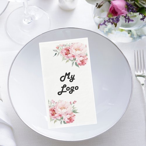 Business logo pink florals white paper guest towels