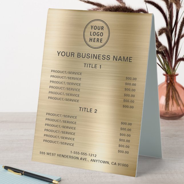 Business Logo Price List Metallic Gold Table Tent (In SItu (Table))