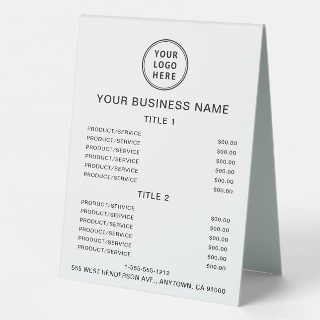 Business Logo Price List Table Tent (Back)