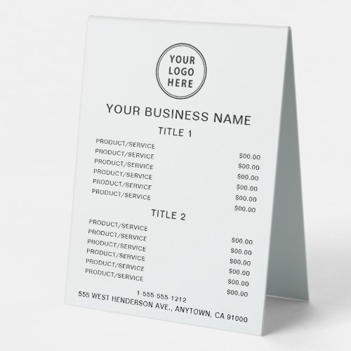 Business Logo Price List Table Tent Sign