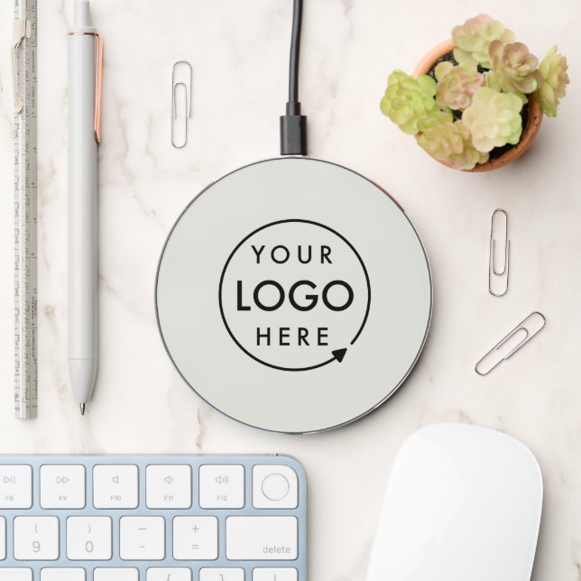 Business Logo Professional Modern Minimal Gray Wireless Charger (Desk)