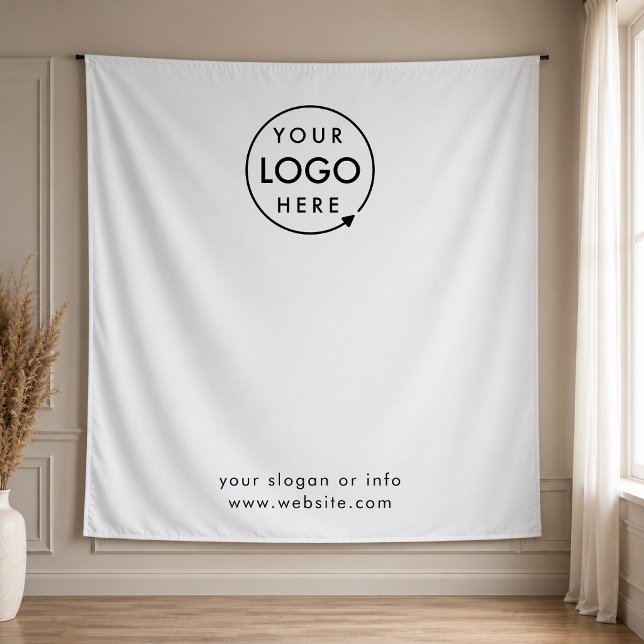 Business Logo | Professional White Photo Backdrop  (Company branded professional backdrop fabric drape tapestry signs for small business promotion.)