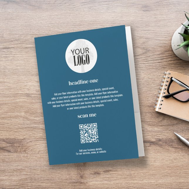 Business Logo Promotional Simple Blue Pocket Folder (Add your logo promotion folder in blue and white. )