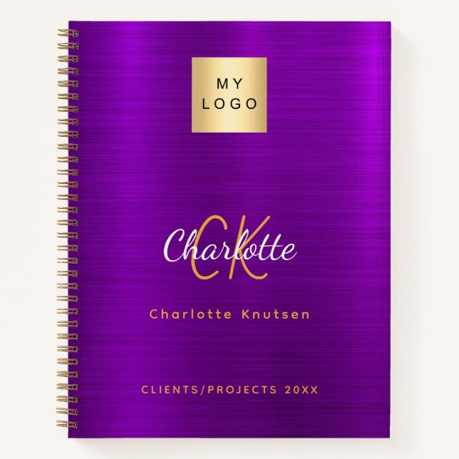 Business logo purple gold monogram glamorous notebook (Front)