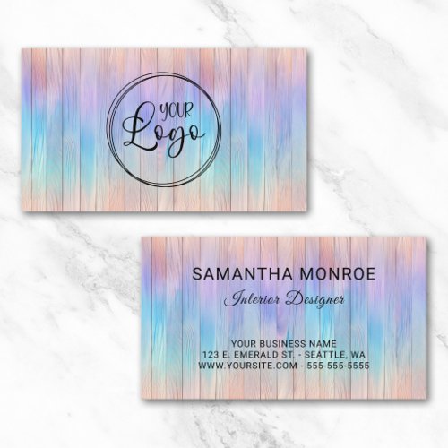 Business Logo Purple Teal Ombre Stripe Wood Card